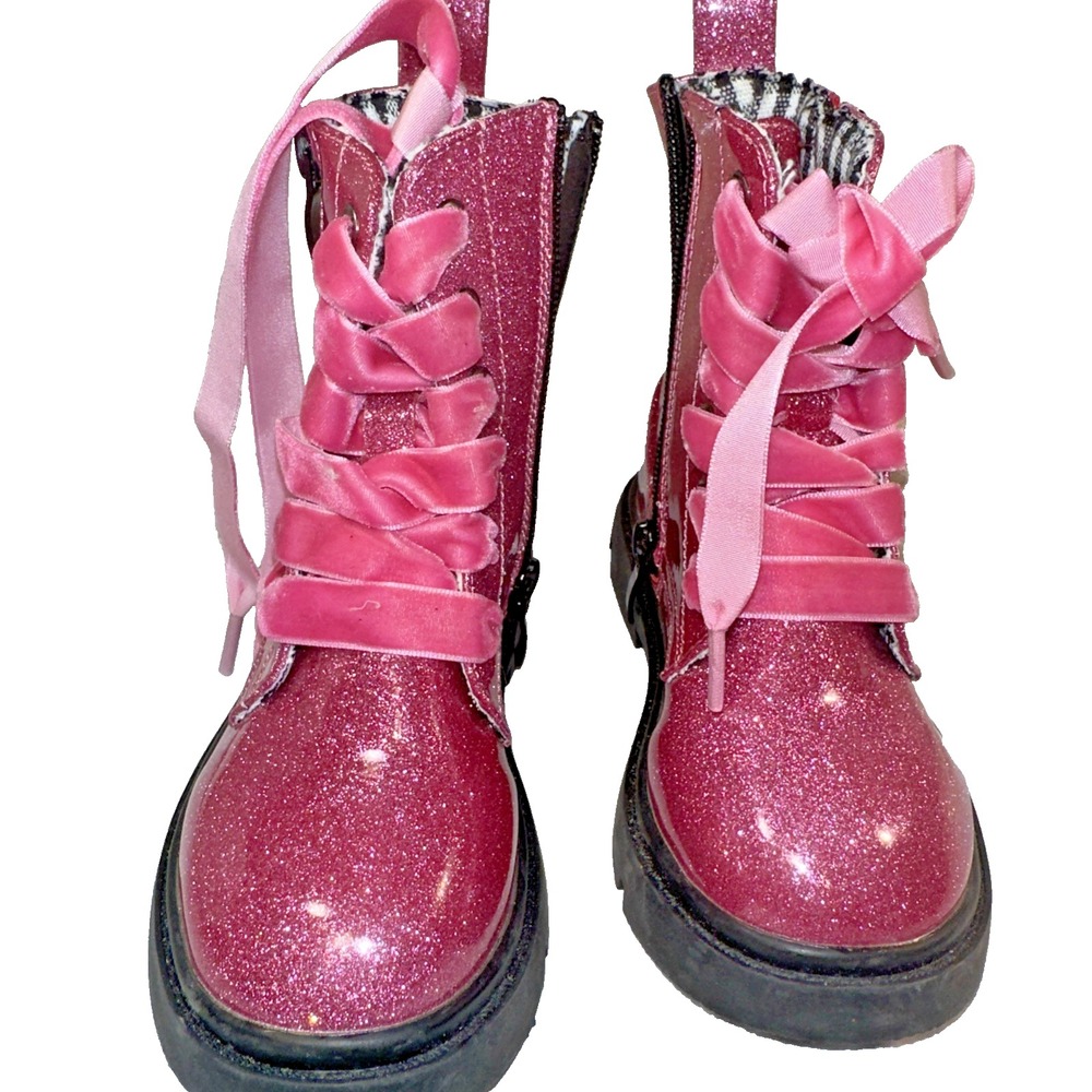 Girls Pink Glitter Combat Boots Velvet Ribbon Laces Side Zip Size 10